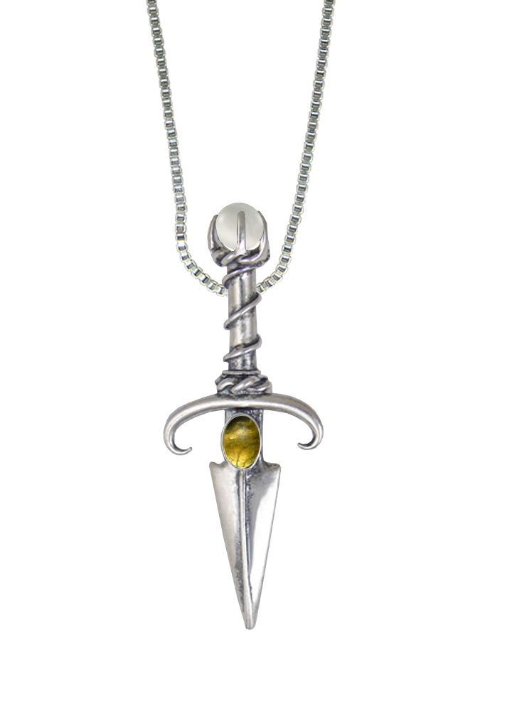 Sterling Silver Black Prince's Knife Dagger Pendant With Citrine And a Clear Glass Bead